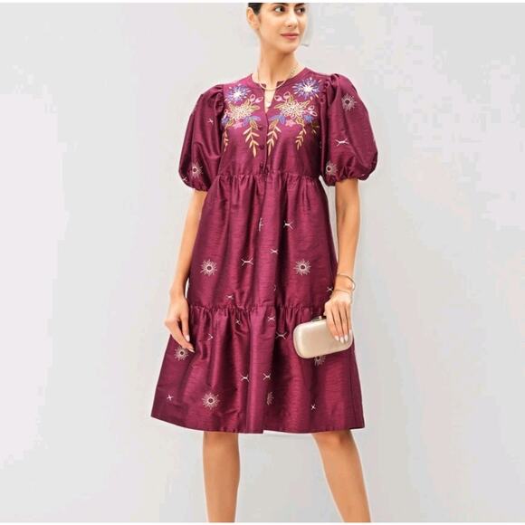 eshakti Dresses & Skirts - Wayward Fancies eShakti Red Plum Multi Floral Embroidery Tiered Dupioni Dress 3X